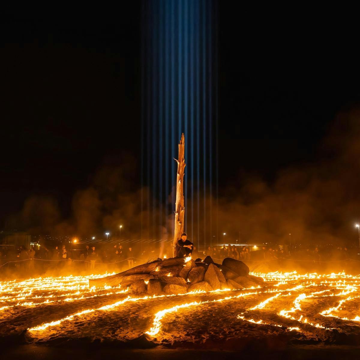 Lines of fire to a person sitting on rocks