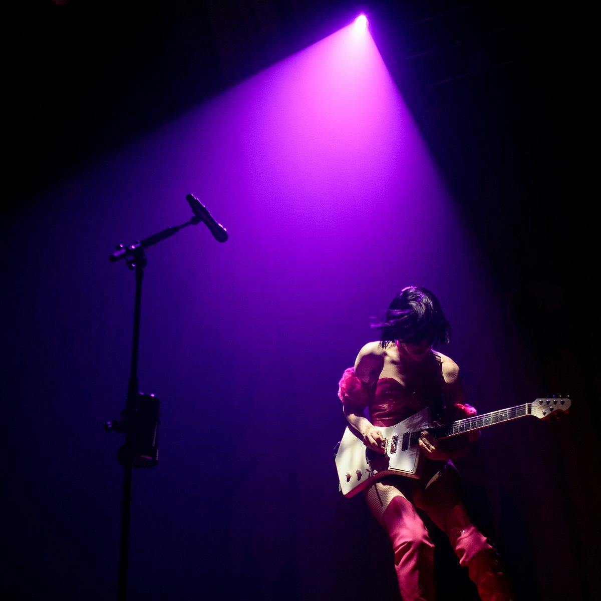 A performer plays the guitar, lit up by a singular purple overhead spotlight.