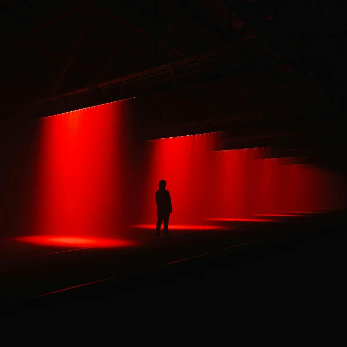 A single silhouetted figure stands in a large space. At regular intervals there are strips of red light beaming down from the ceiling.