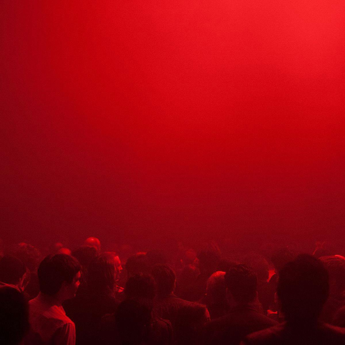 A crowd of people standing in a red fog.