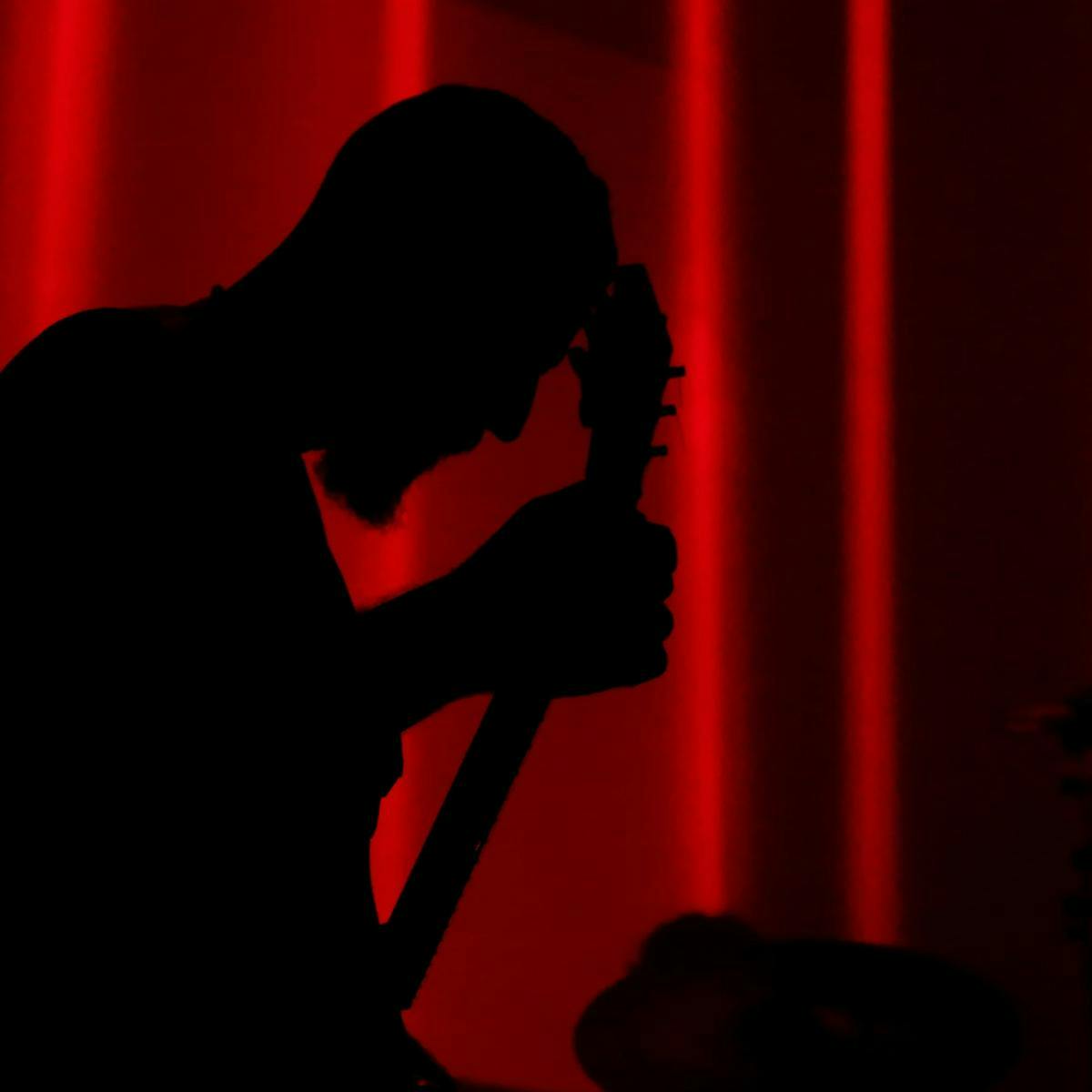 A silhoutte of a person playing guitar, the background is several red beams of light.