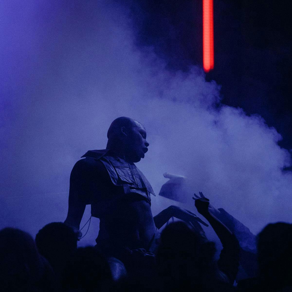 A performer on stage, with several people in the foreground. Behind the performer is a cloud of smoke, and a red strip light.