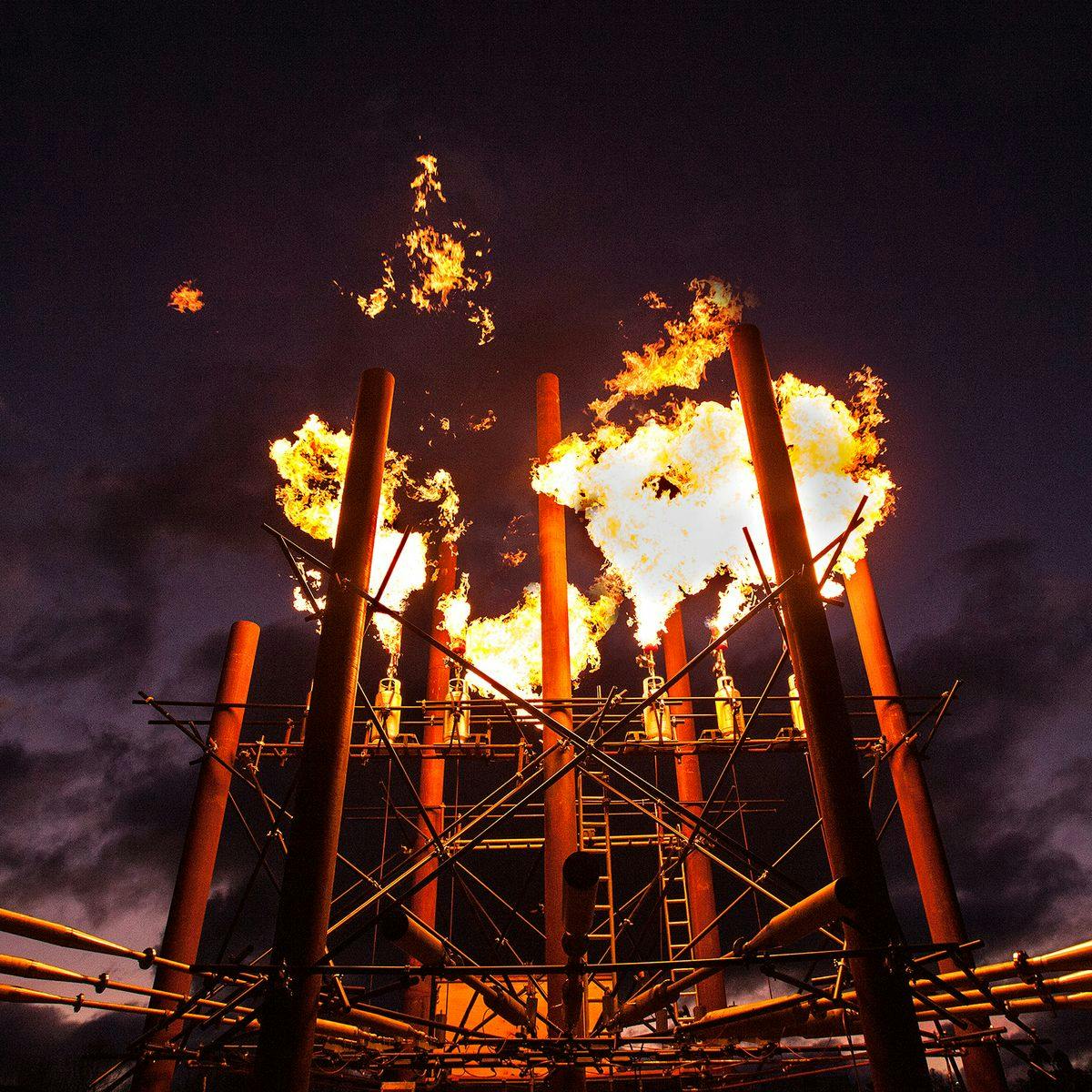 A complex structure of metal, pipes and gas bottles, shoots fire into the night's sky. This is the 'Fire Organ' artwork.